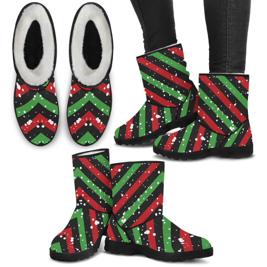 Christmas Candy Red Green Black Women's Faux Fur Boots