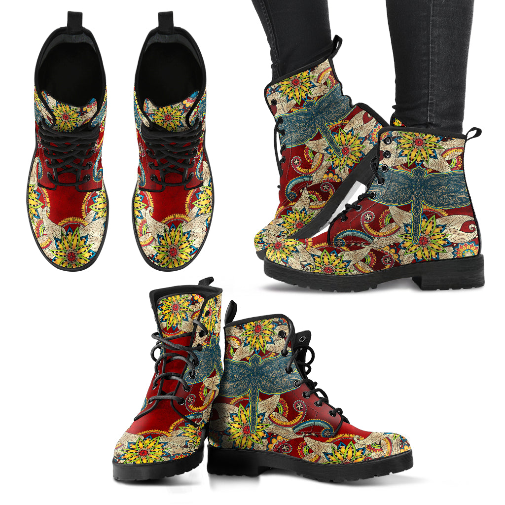 Handcrafted Dragonfly Mandala Red Boots