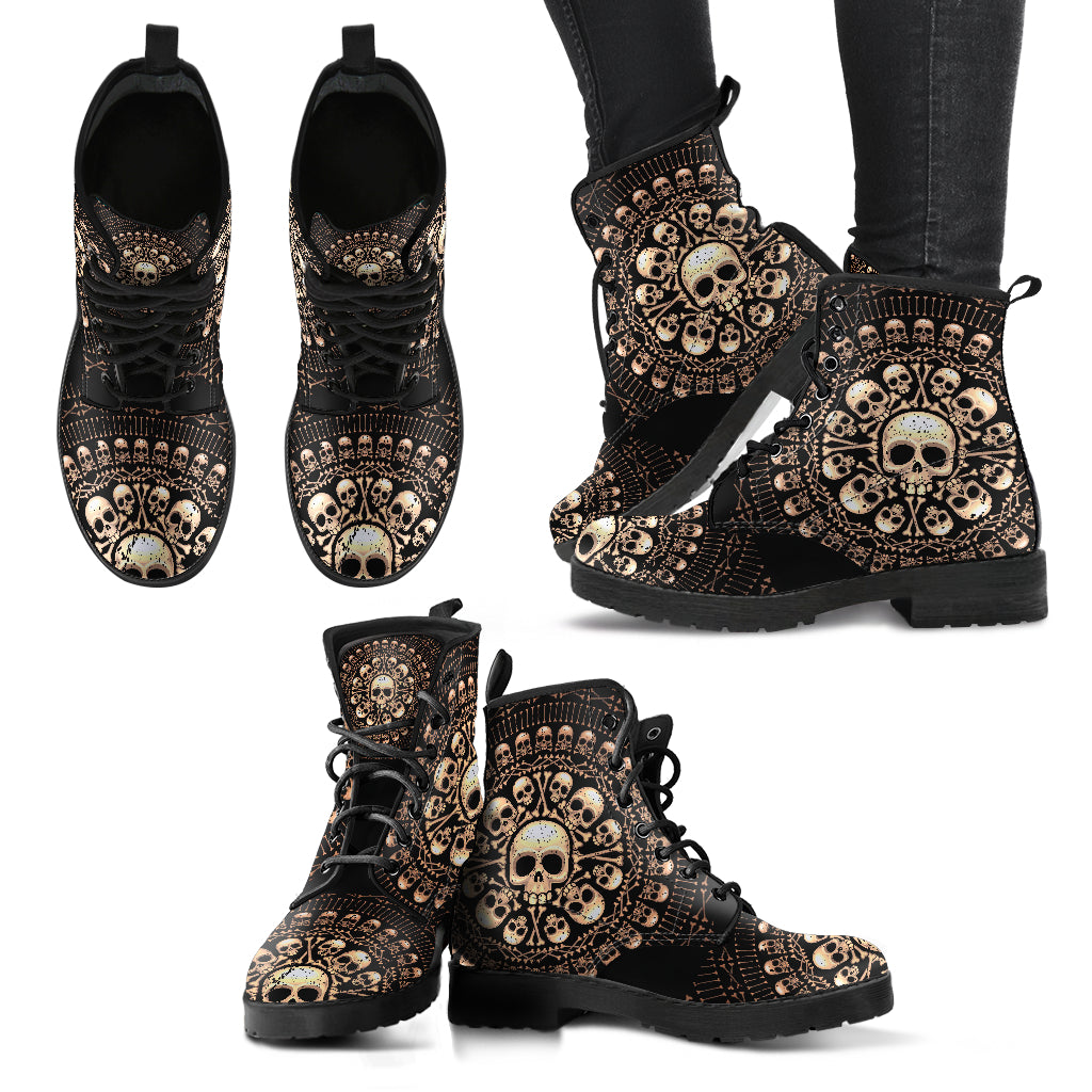 Skulls Bones Women's Leather Boots - Black