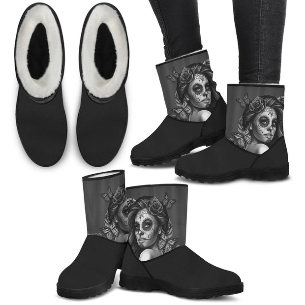 Calavera Girl Fur Boots Black