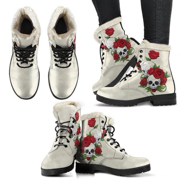 Skull Couple Roses (Sweet Corn) - Faux Fur Leather Boots