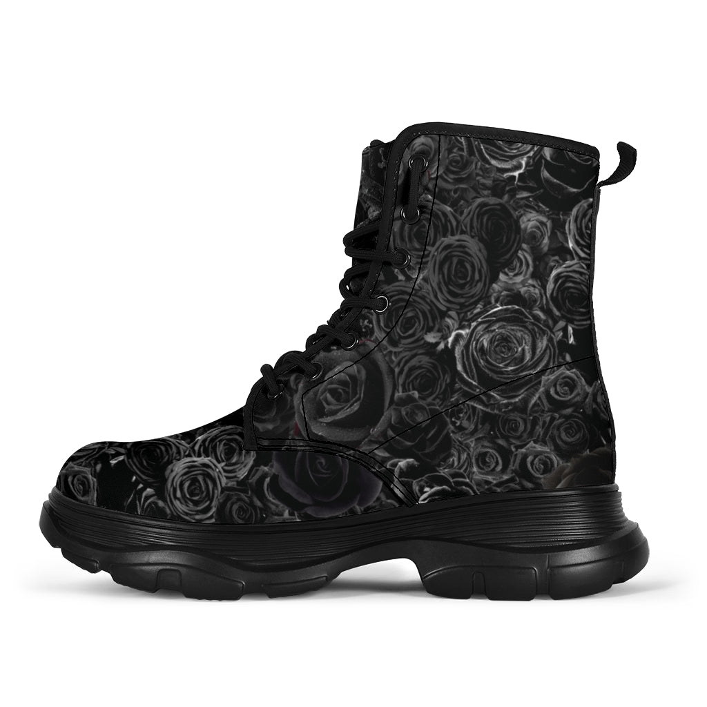 Gorgeous Black on Black Roses all over print trendy chunky boots