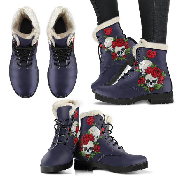 Skull Couple Roses (Eclipse) - Faux Fur Leather Boots