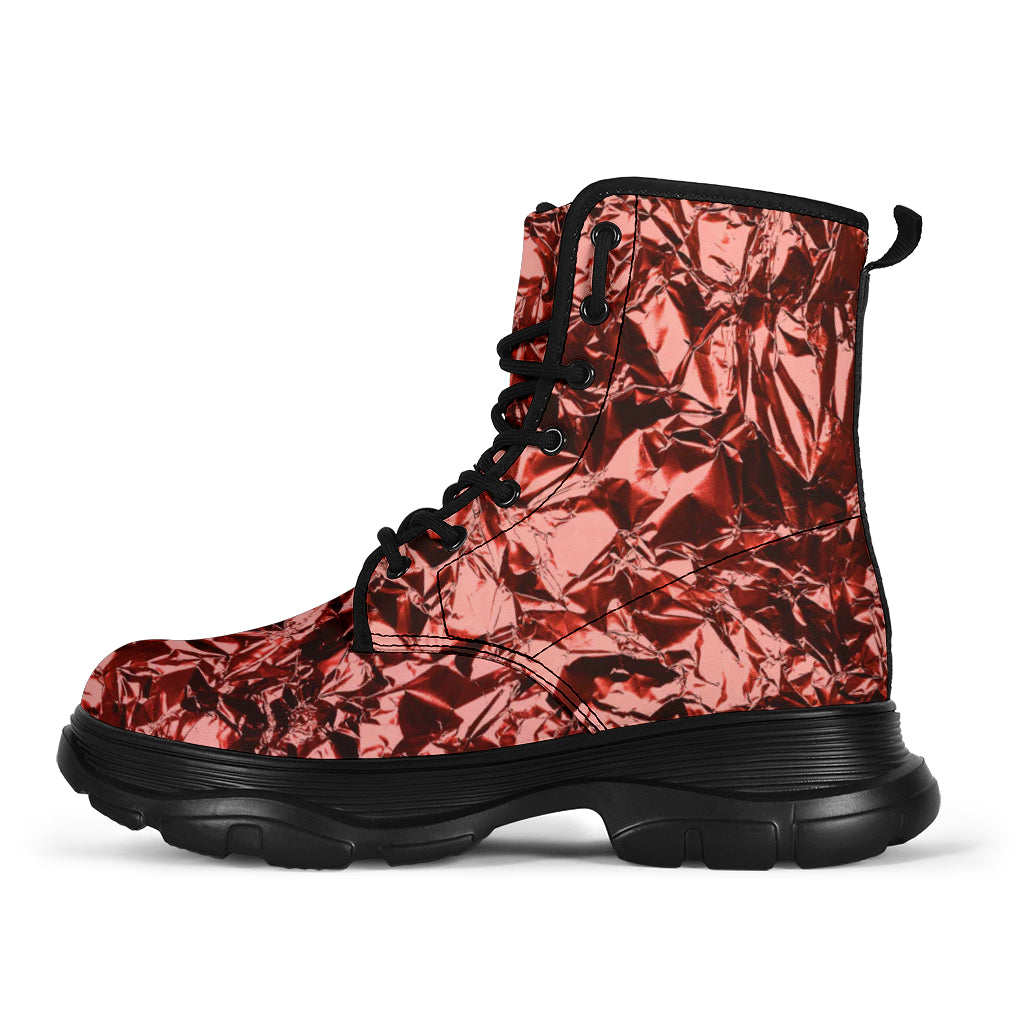 Burnt Red Foil Effect Chunky Boots
