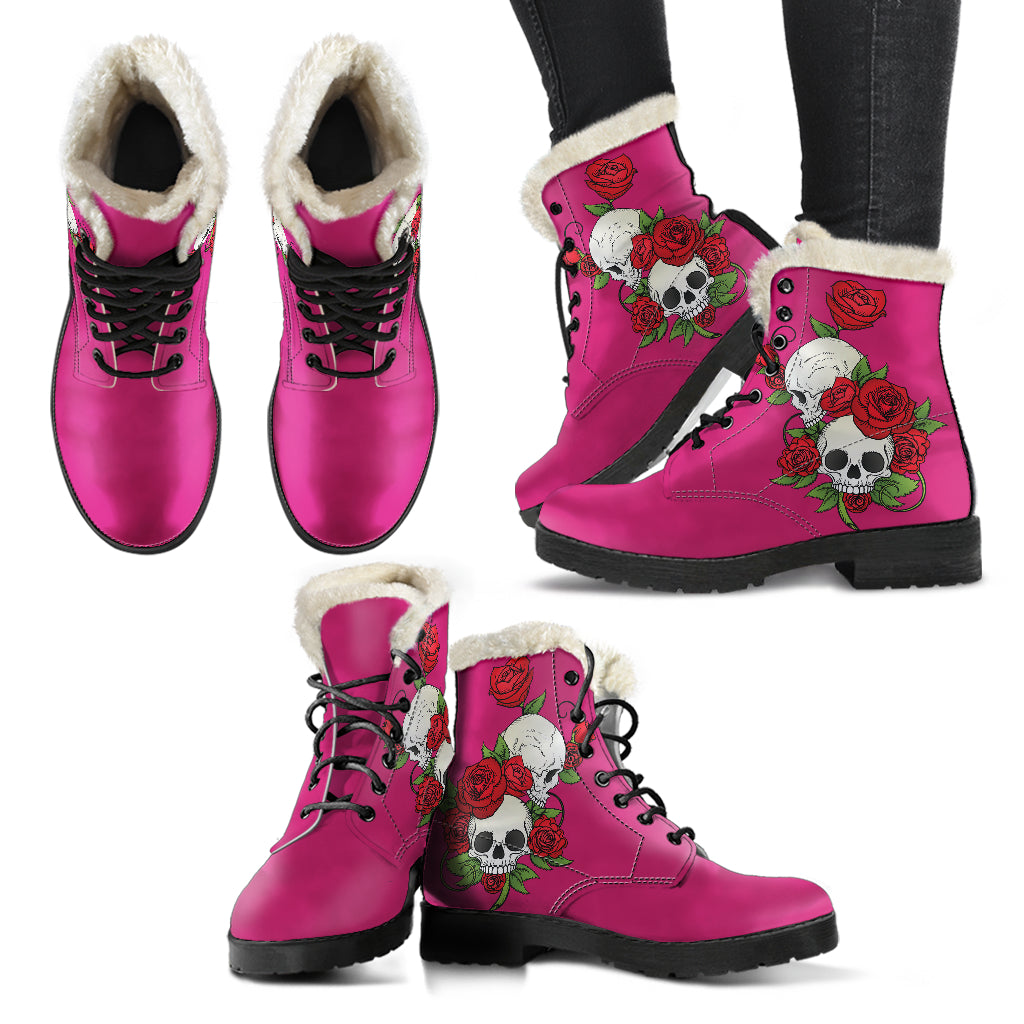 Skull Couple Roses (Eclipse) - Faux Fur Leather Boots