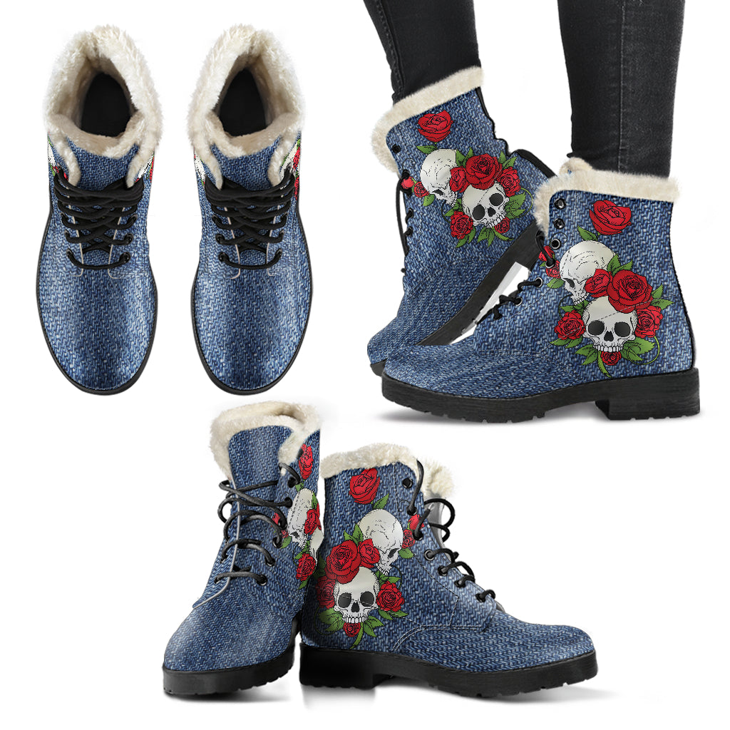 Skull Couple Roses (Dark Denim) - Faux Fur Leather Boots