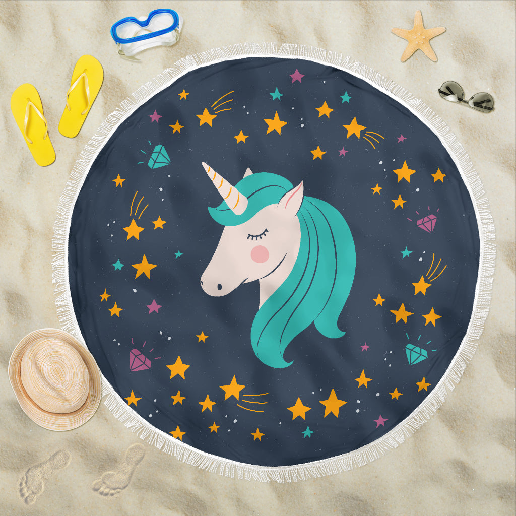 Midnight Blue Starry Night Crescent Moon Unicorn Beach Blanket