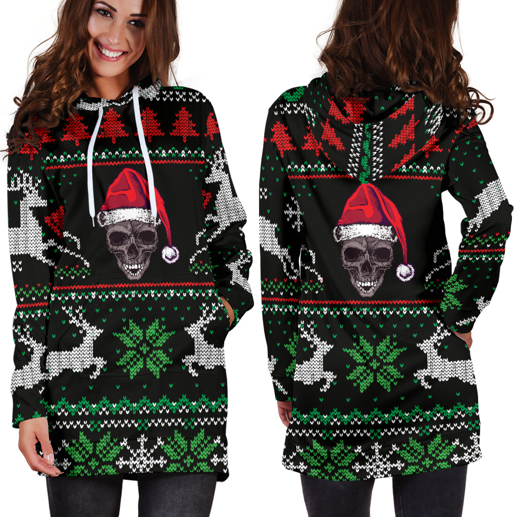 Ugly Christmas Santa Skull Black Hoodie Dress