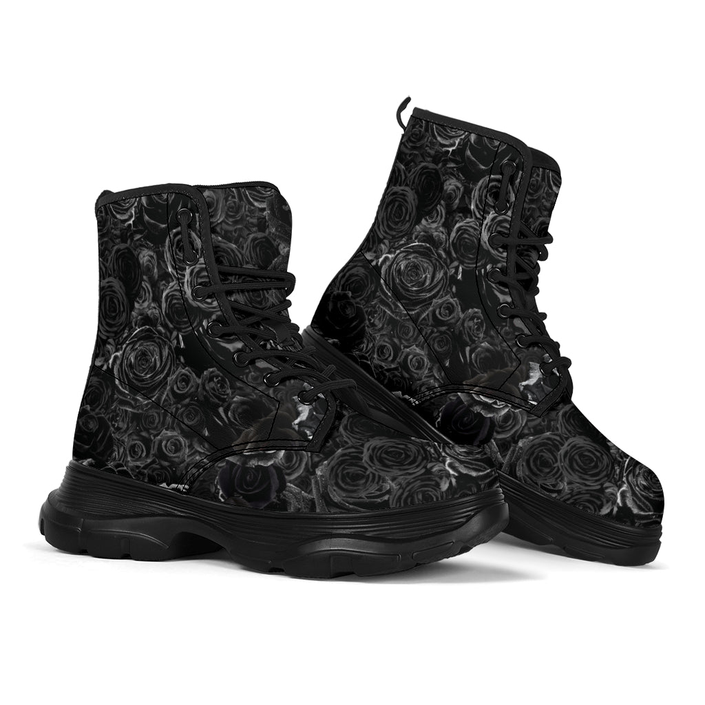 Gorgeous Black on Black Roses all over print trendy chunky boots
