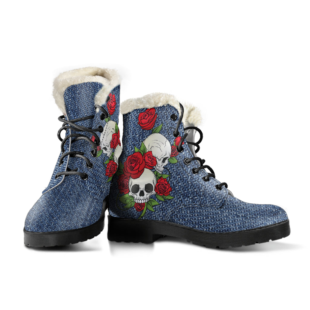 Skull Couple Roses (Dark Denim) - Faux Fur Leather Boots