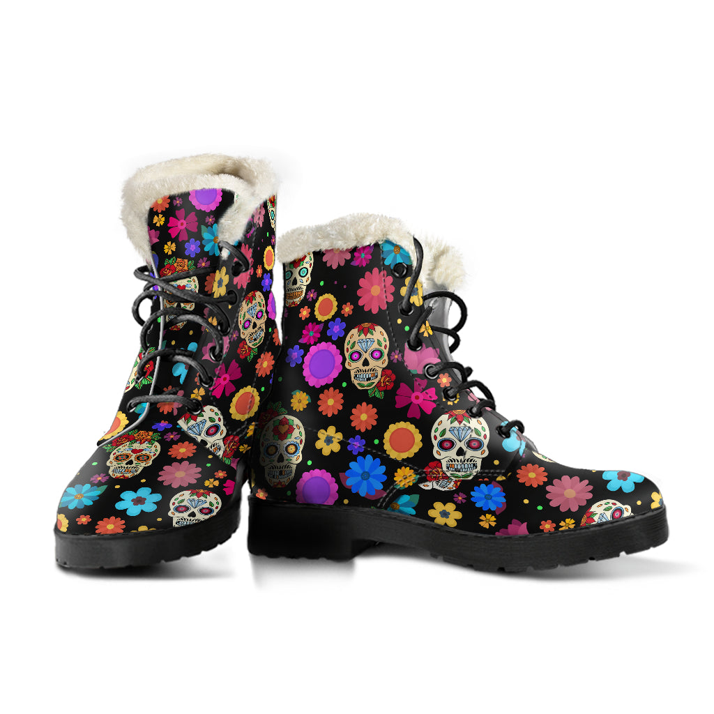 Sugar Skull Party Faux Fur Vegan Leather Boots for Lovers of Skulls