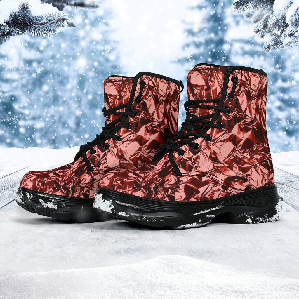 Burnt Red Foil Effect Chunky Boots