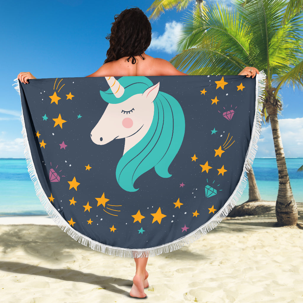 Midnight Blue Starry Night Crescent Moon Unicorn Beach Blanket