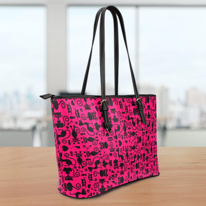 Cats Pink Large Leather Tote Bag