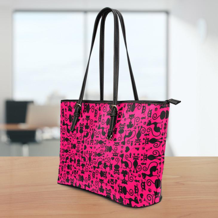 Cats Pink Large Leather Tote Bag