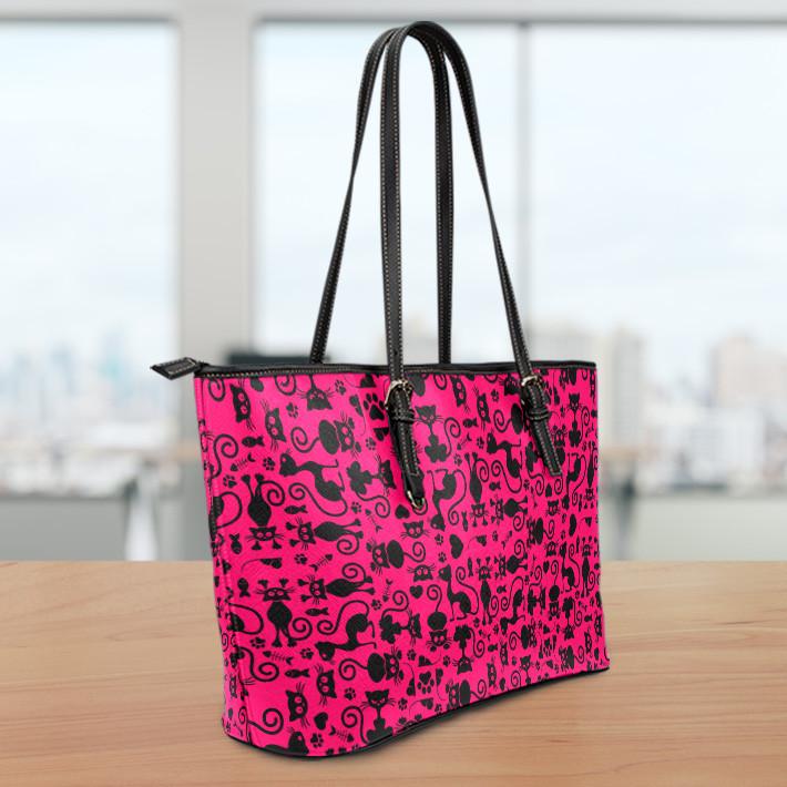 Cats Pink Small Leather Tote Bag