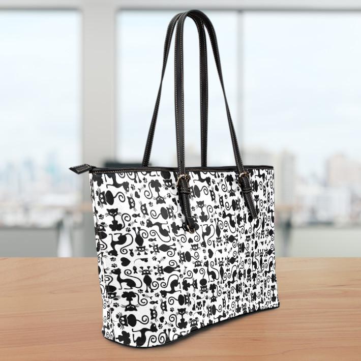 Cats White Small Leather Tote Bag