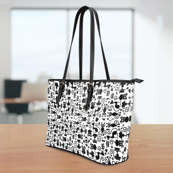 Cats White Small Leather Tote Bag